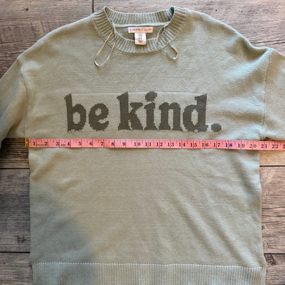 Sincerely Jules Be Kind Crewneck Sweater Light Green Knit Pullover Medium - Picture 9 of 9
